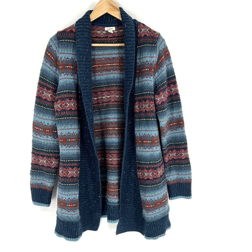 L.L. Bean Multicolor Patterned Shawl Collar Cardigan - Blue, Brown, Rust